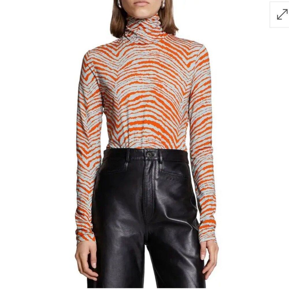 Proenza Schouler Size Large Top Print Jersey Turtleneck In Sky Blue & Brick $275